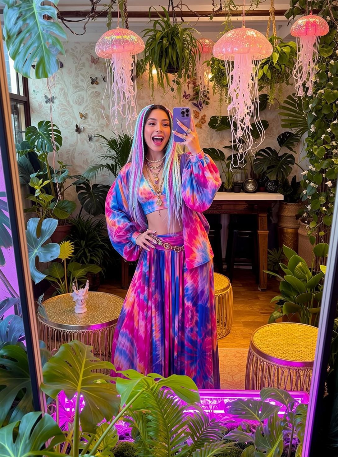 Jungle Room Selfie Tie Dye Outfit Gold Jewelry reference photo