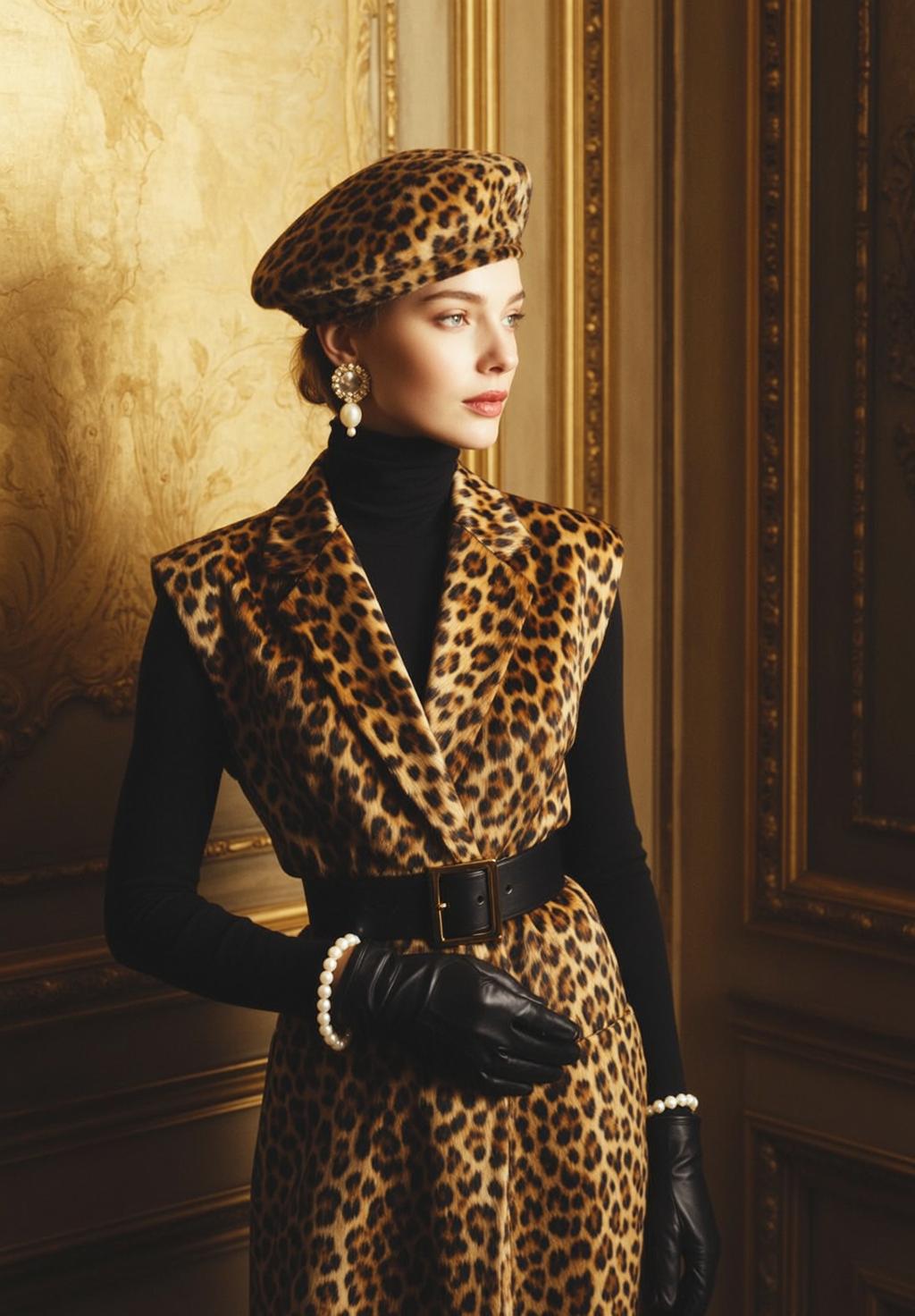 Blonde Woman Black Turtleneck Leopard Dress Gold Jewelry reference photo