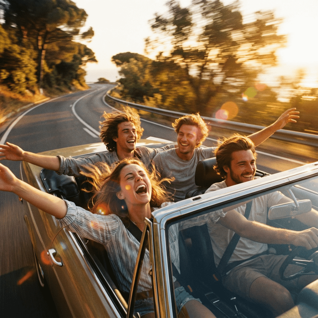Vintage Convertible Coastal Road Sunset Joy