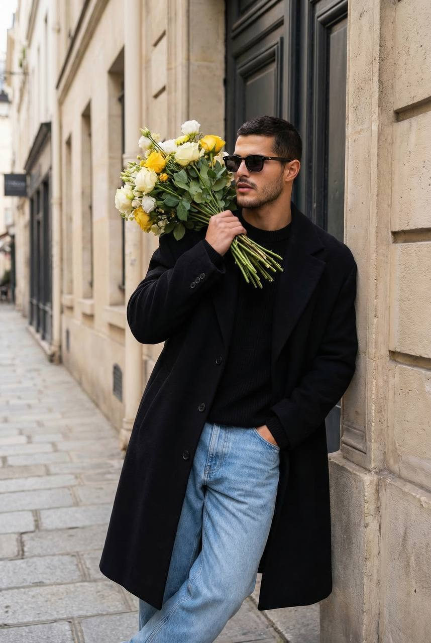 Young Man European Street Flowers Realistic