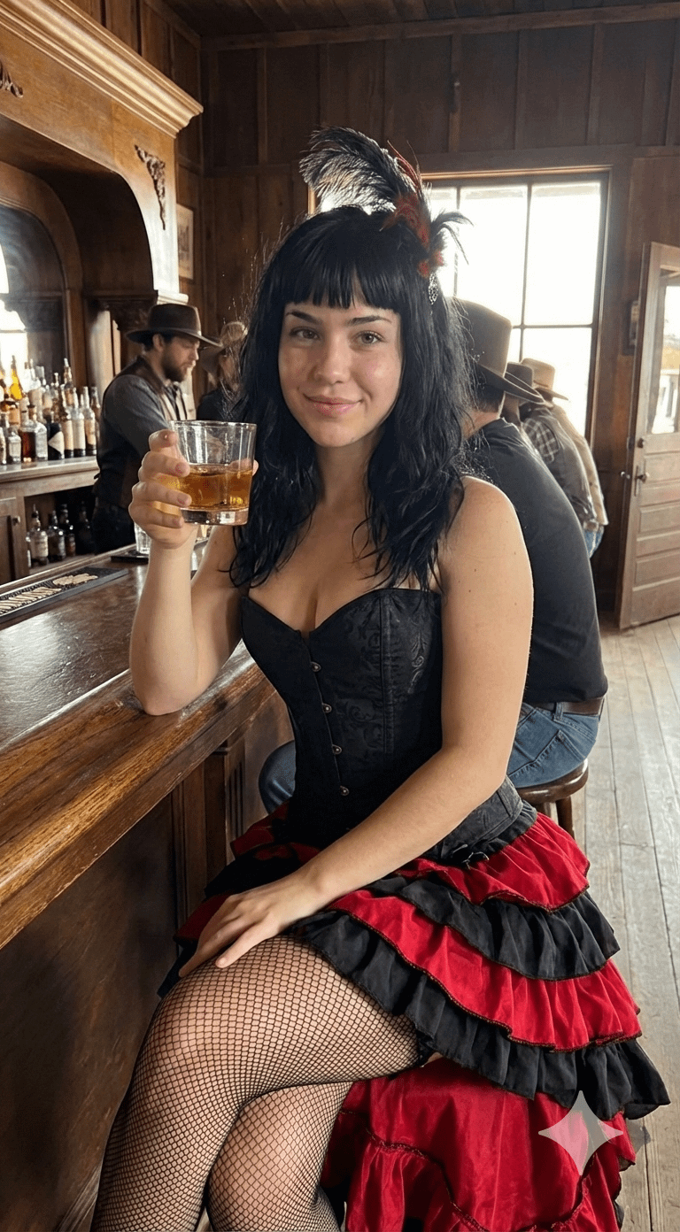 Rustic Saloon Bar Woman Amber Drink Feathered Hair