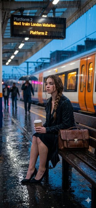 Rainy Train Station Woman Black Trench Coat Briefcase