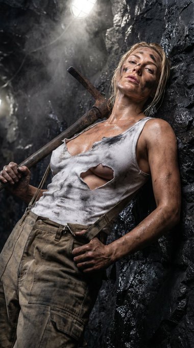 A woman with a torn tank top and cargo pants leans against a coal seam, holding a rusty pickaxe, with her face smudged in coal dust.