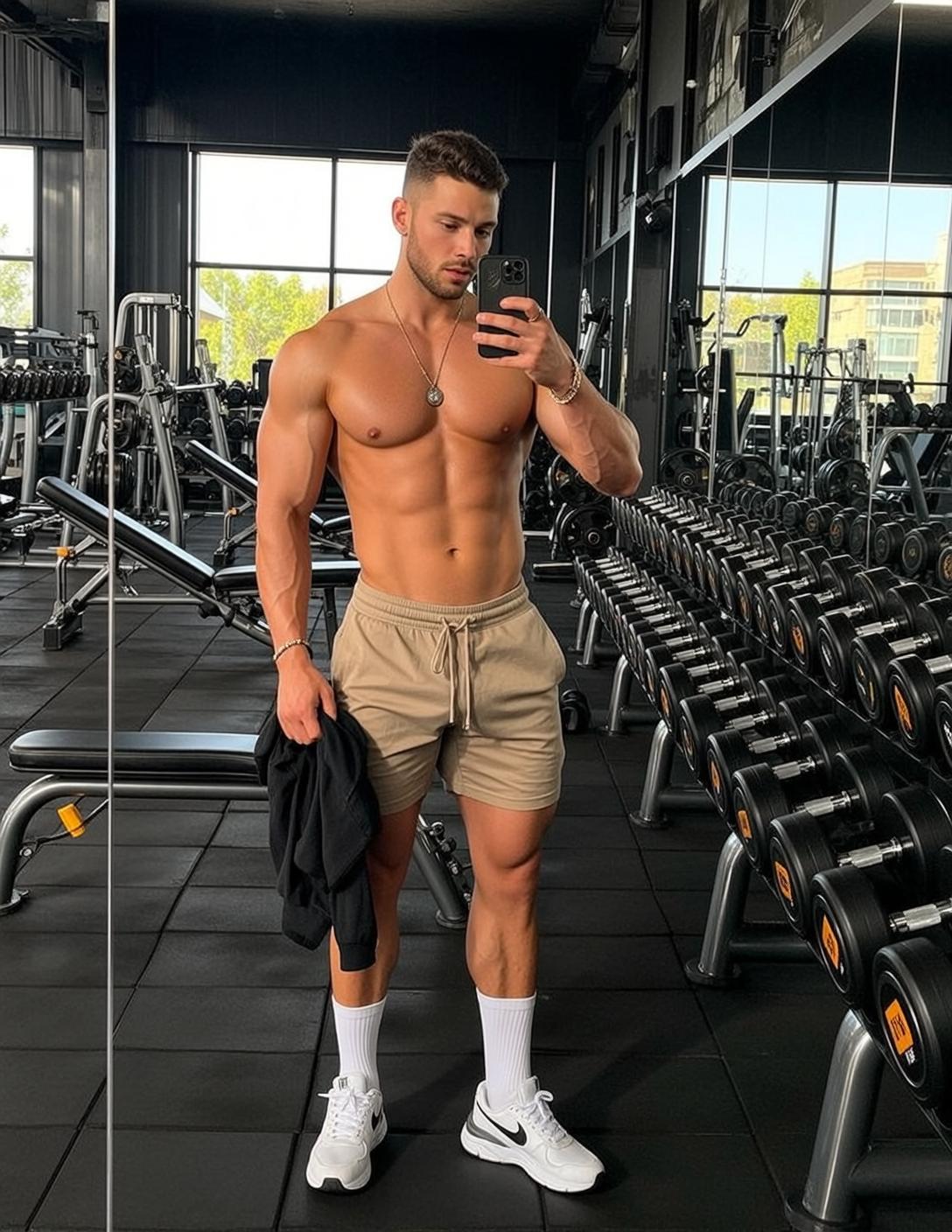 Muscular Short Dark Styled Tan Athletic Shorts reference photo