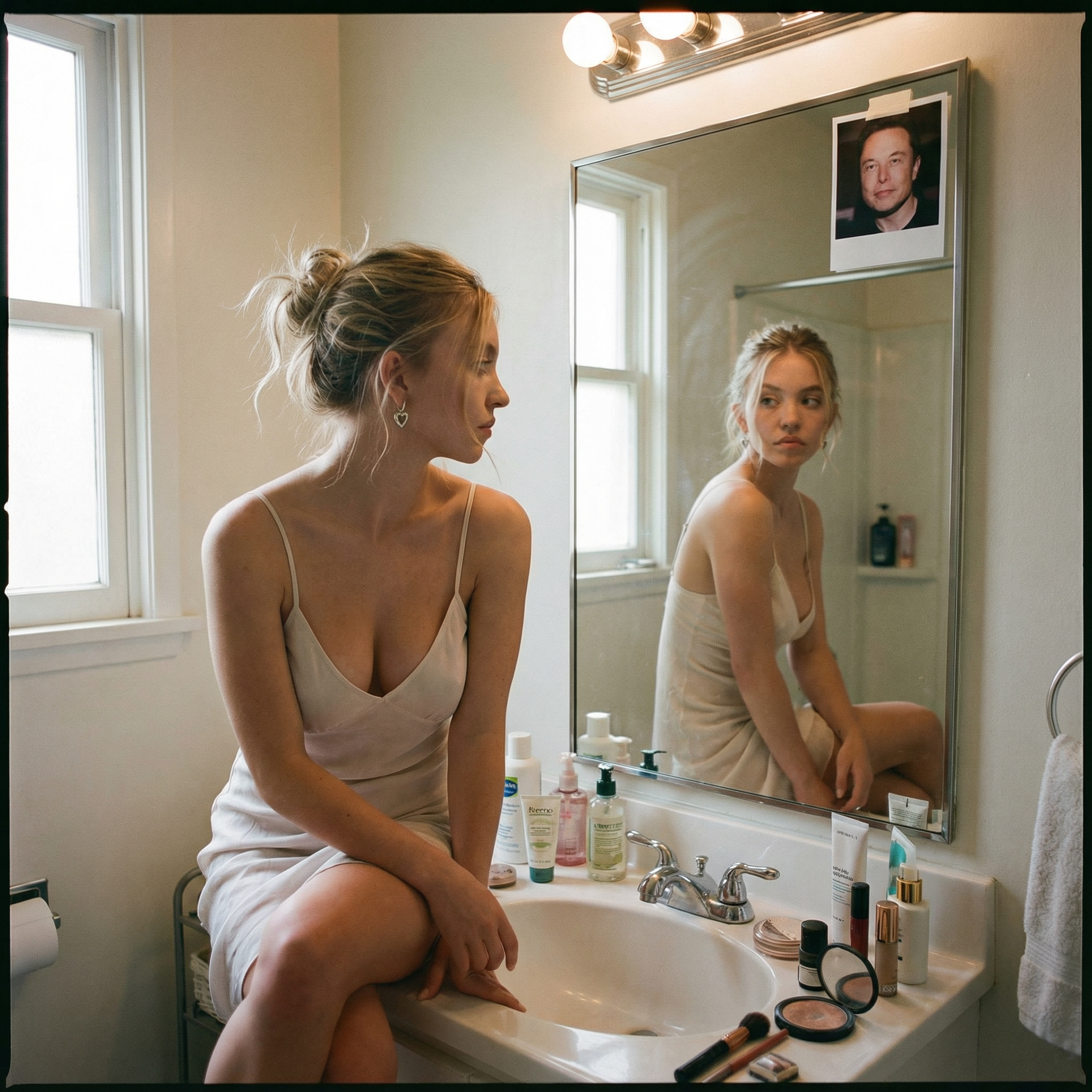 Woman Bathroom Sink Vintage Editorial Photorealistic