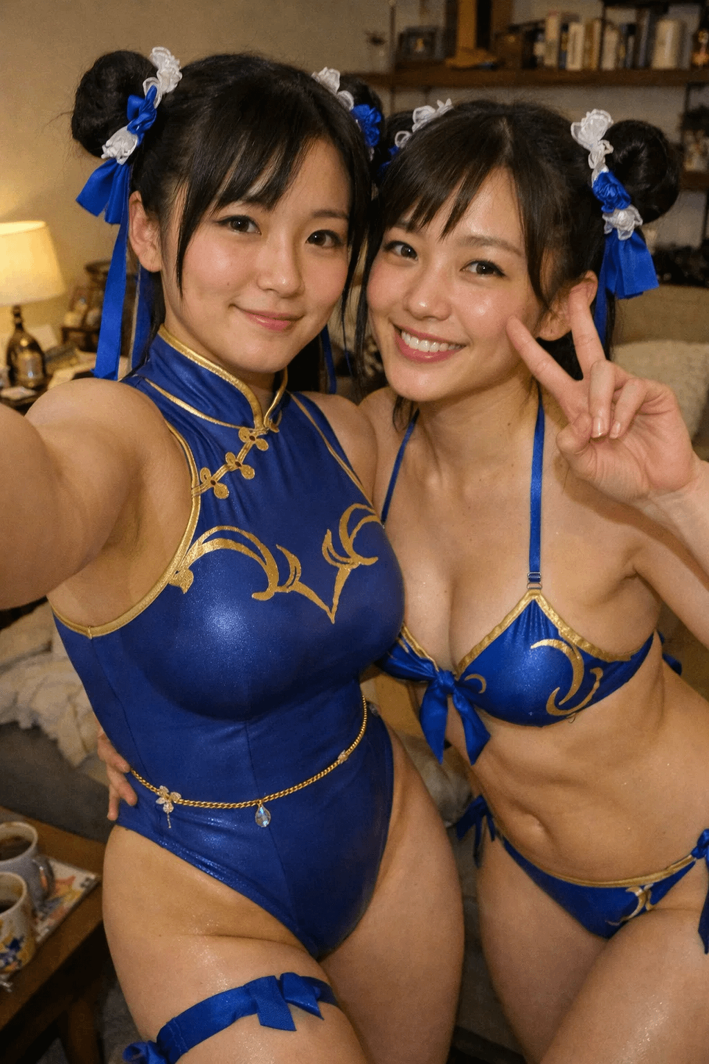 Photorealistic selfie of two women cosplaying Chun Li in a cozy living room, wearing blue bodysuits with gold details.