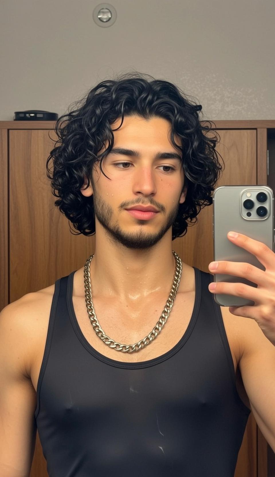 Man Holding Iphone Selfie Tanned Stubble reference photo