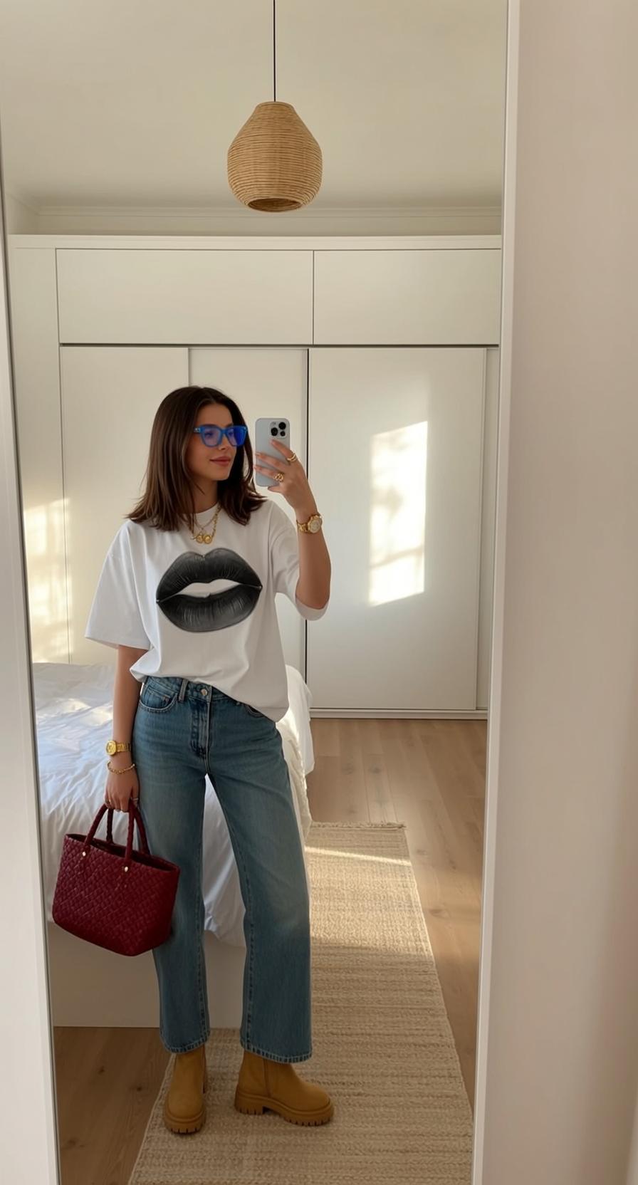 Mirror Selfie White T Shirt Blue Glasses Bedroom reference photo