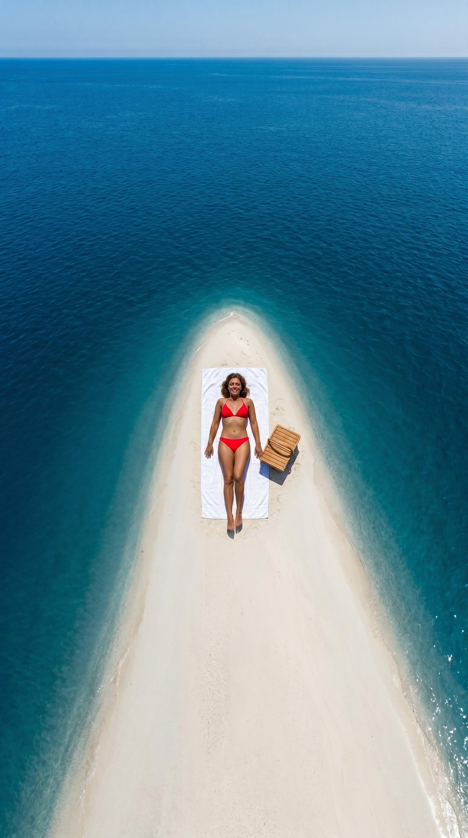 A woman in a red bikini lying on white sand, surrounded by vibrant blue ocean in a minimalist drone shot.