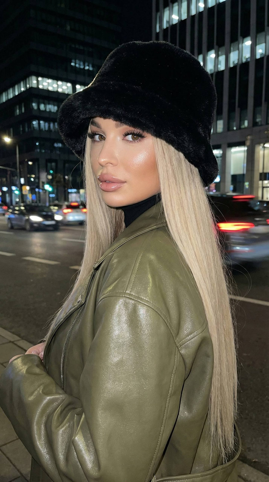 Night Street Flash Portrait Olive Jacket