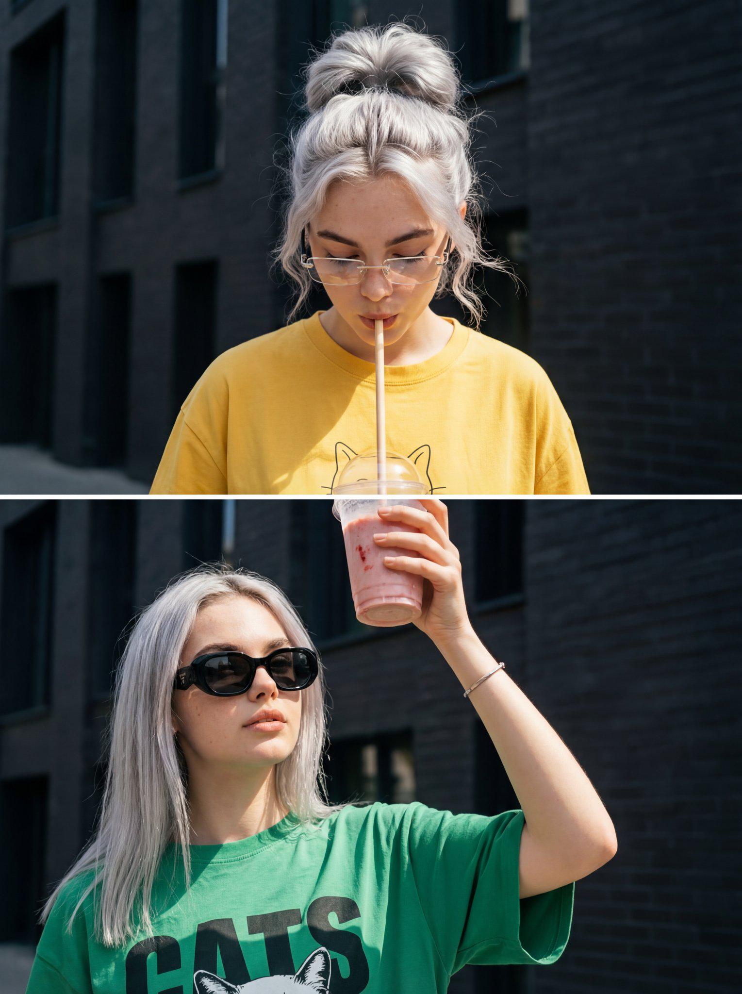 Platinum Hair Yellow Shirt Cat Graphic Green Shirt Cat Heads