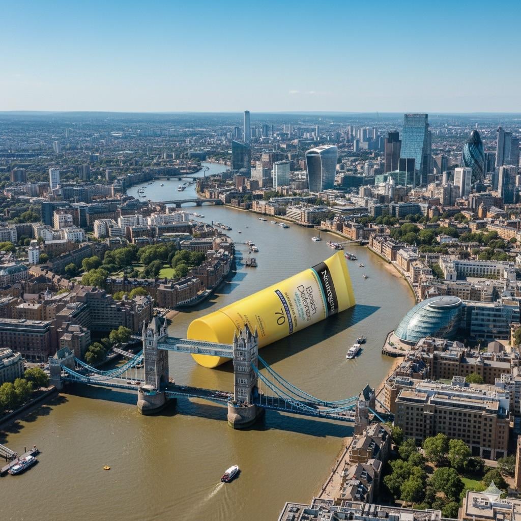 A surreal aerial view of London featuring a giant product drifting on the River Thames with Tower Bridge in the foreground.