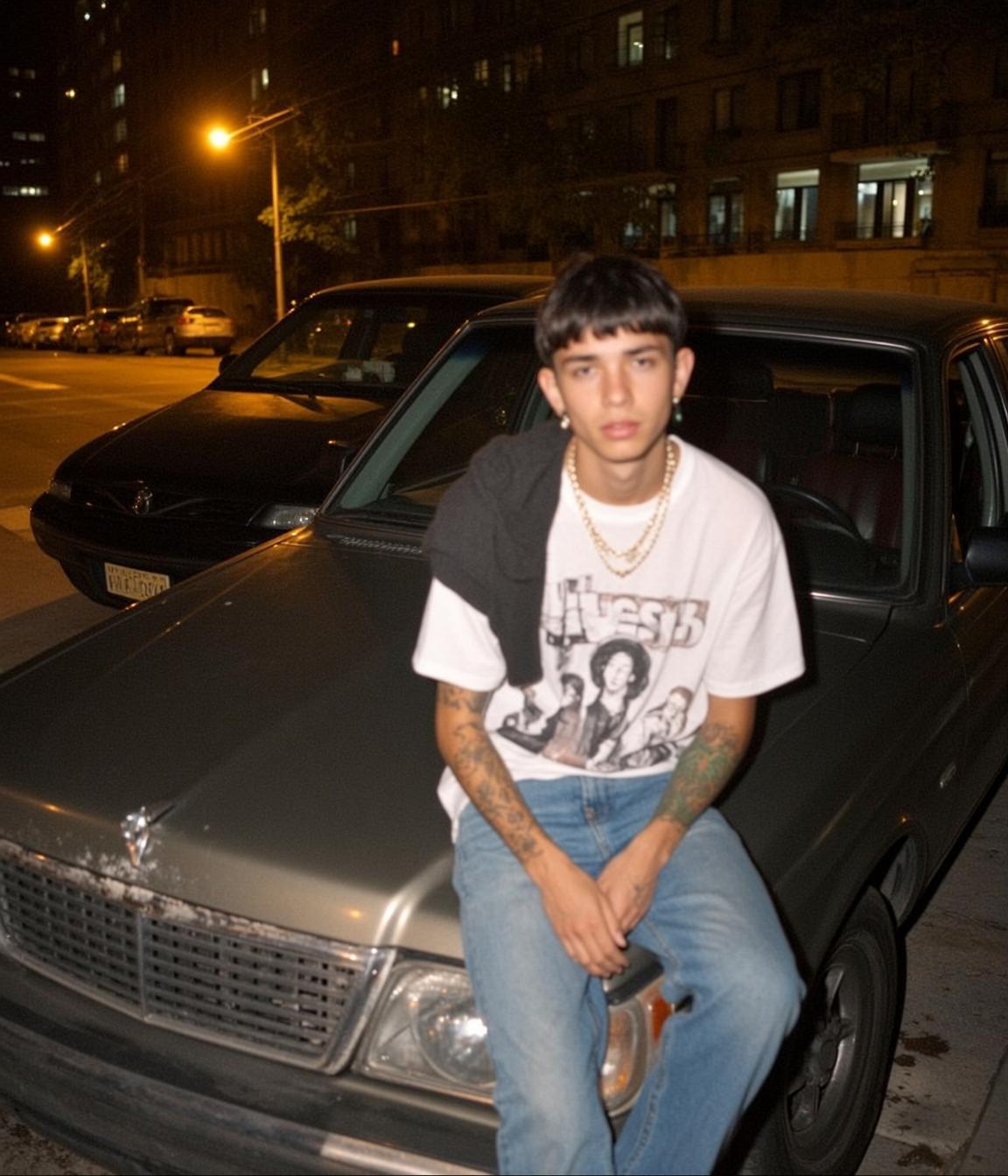 Sitting On Car Hood Urban Street Night reference photo