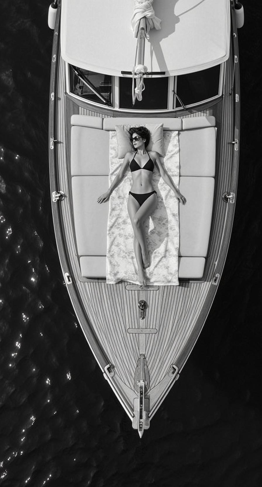 Aerial Black And White Photorealistic Shot Captures Woman Lying Towel reference photo