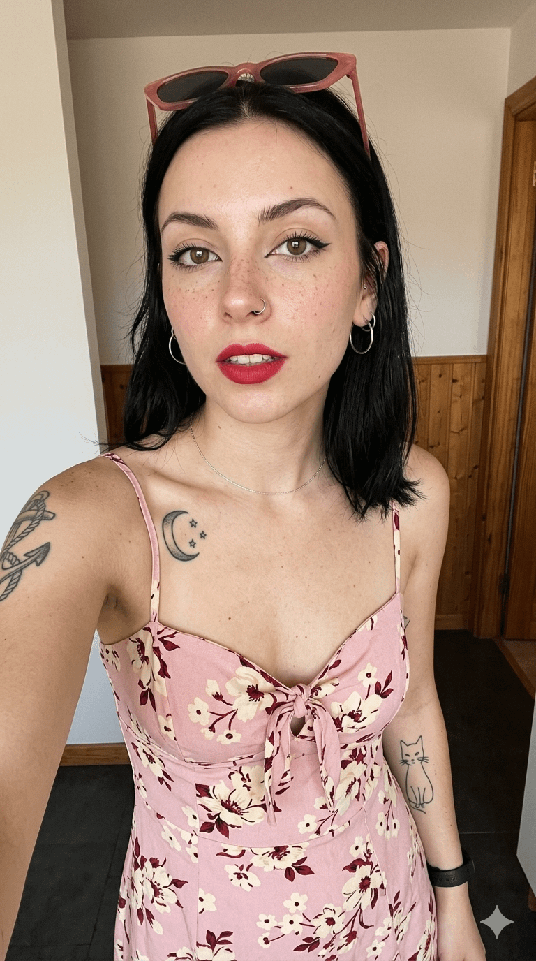 Close-up selfie of a freckled woman with red lipstick, showcasing natural skin texture and tattoos in a softly lit room.
