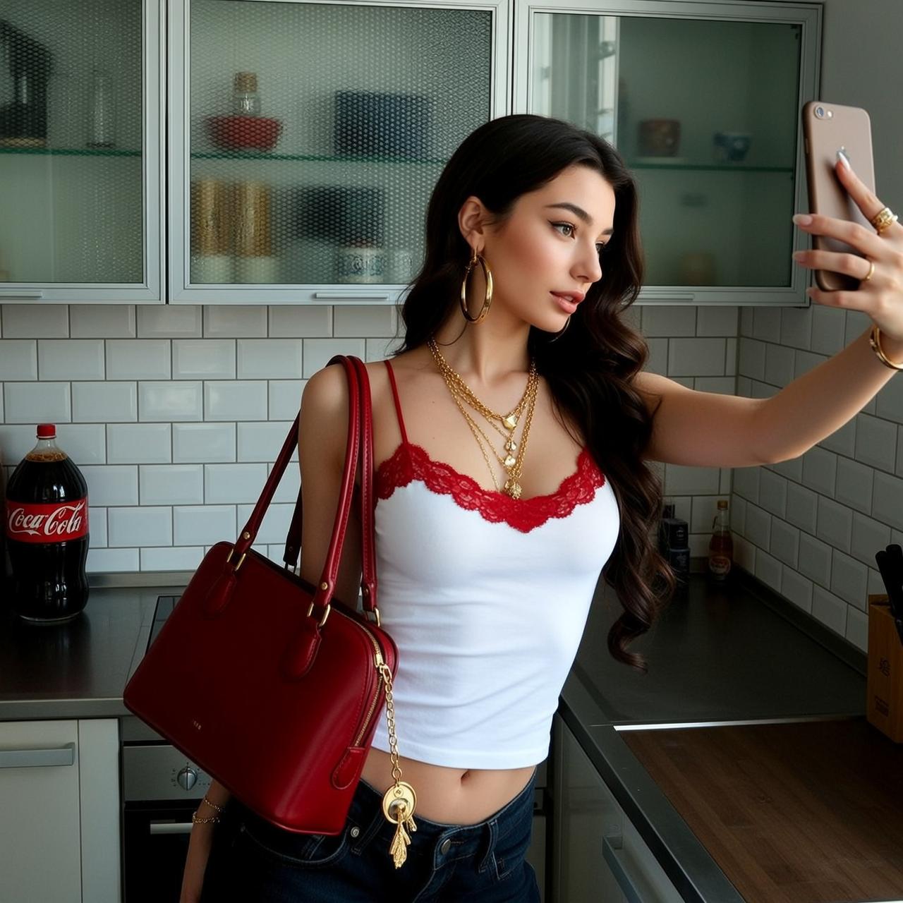 Explore Stands Modern Kitchen Holding Smartphone Her reference photo