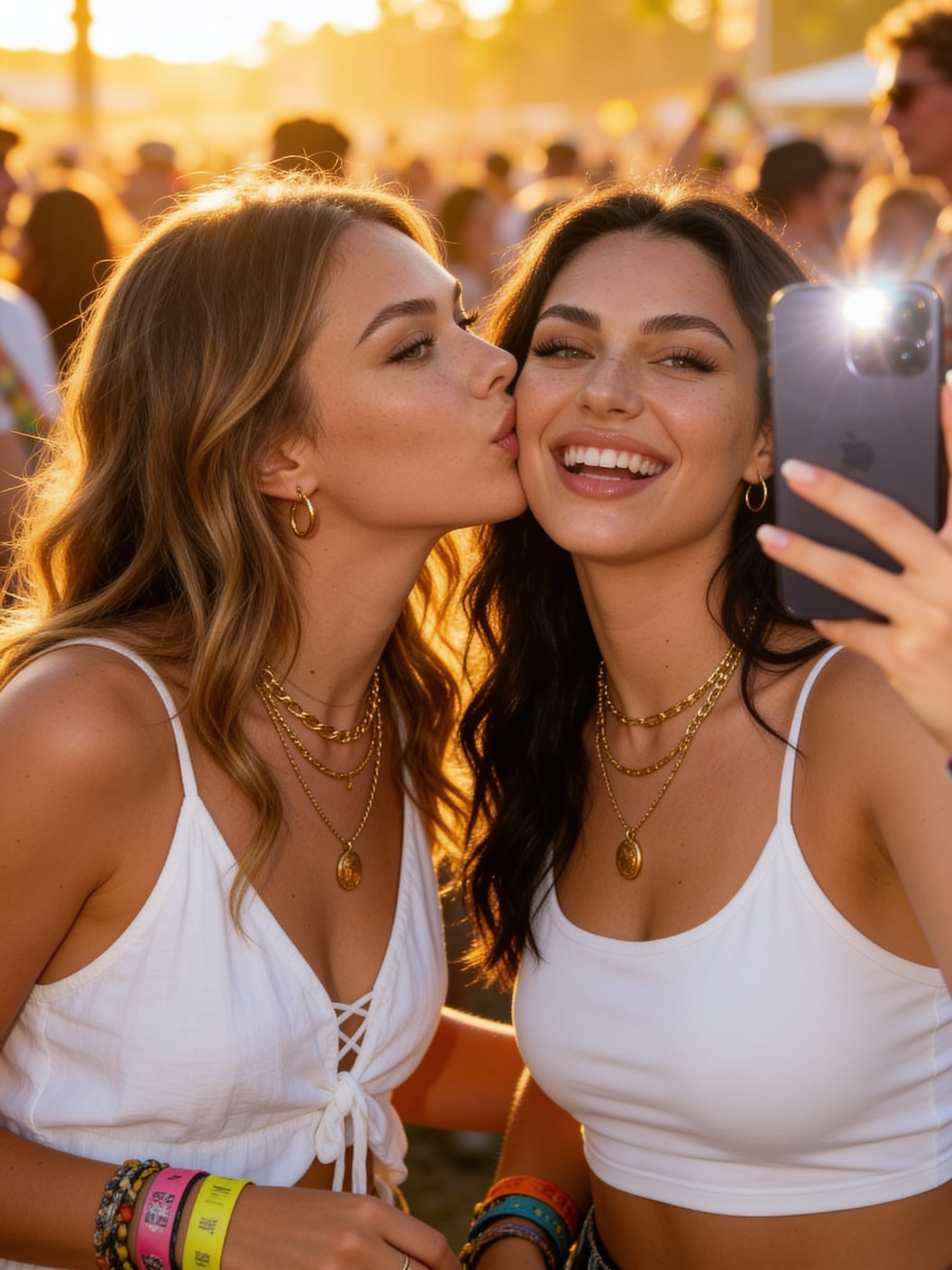 Mila leaning in for a cheek kiss with Lily in a festival setting, both in white summer tops and golden hour lighting.
