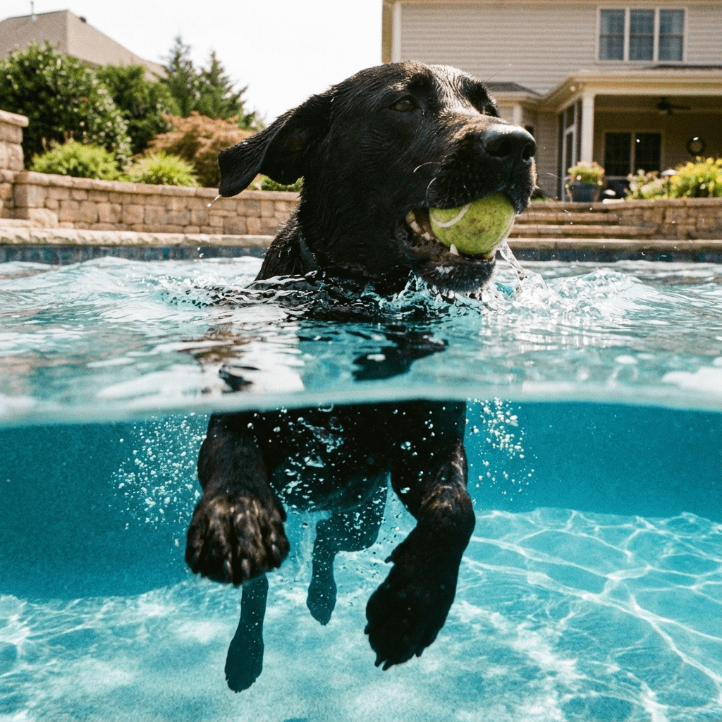 Dog Swimming Pool Over Under Shot Yellow Ball