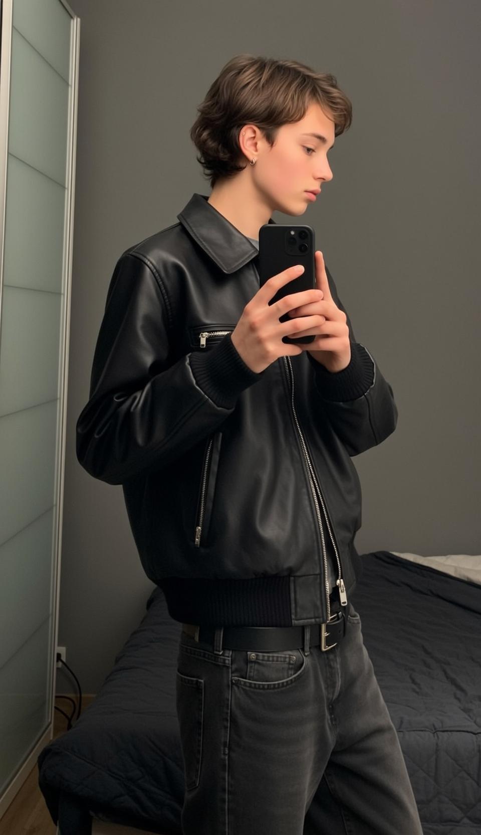 Black Bomber Mirror Selfie reference photo