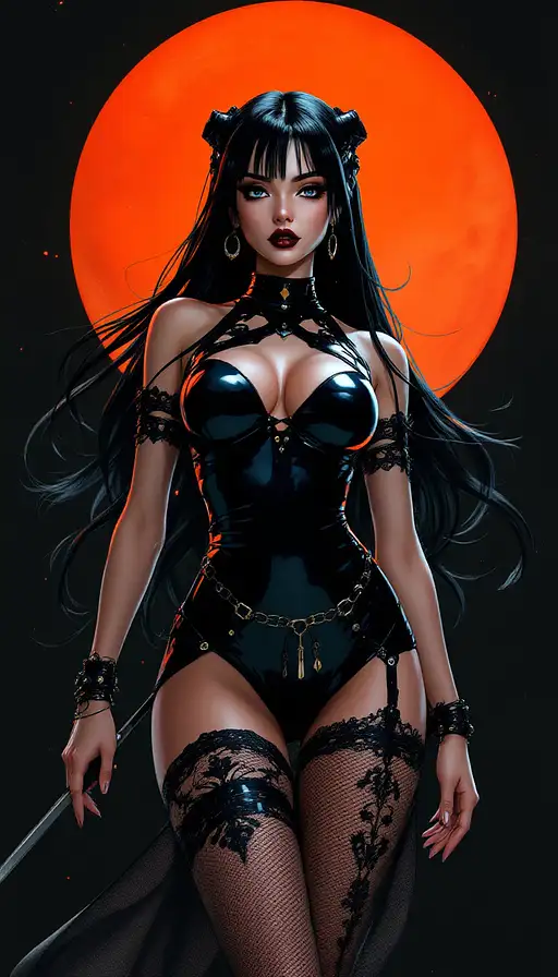 Portrait of Bratz Anna Marin in shiny cyan and black latex, detailed game character illustration, posed against a dark background.
