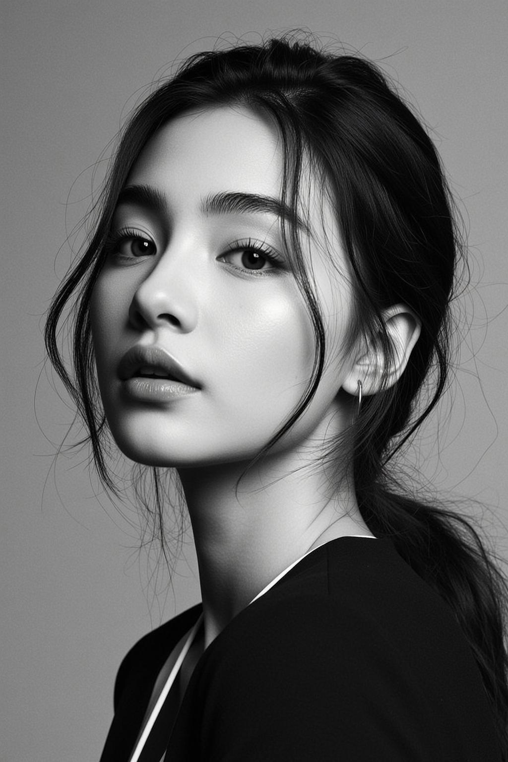 Photorealistic Black And White Medium Close-up Portrait Young Woman With reference photo