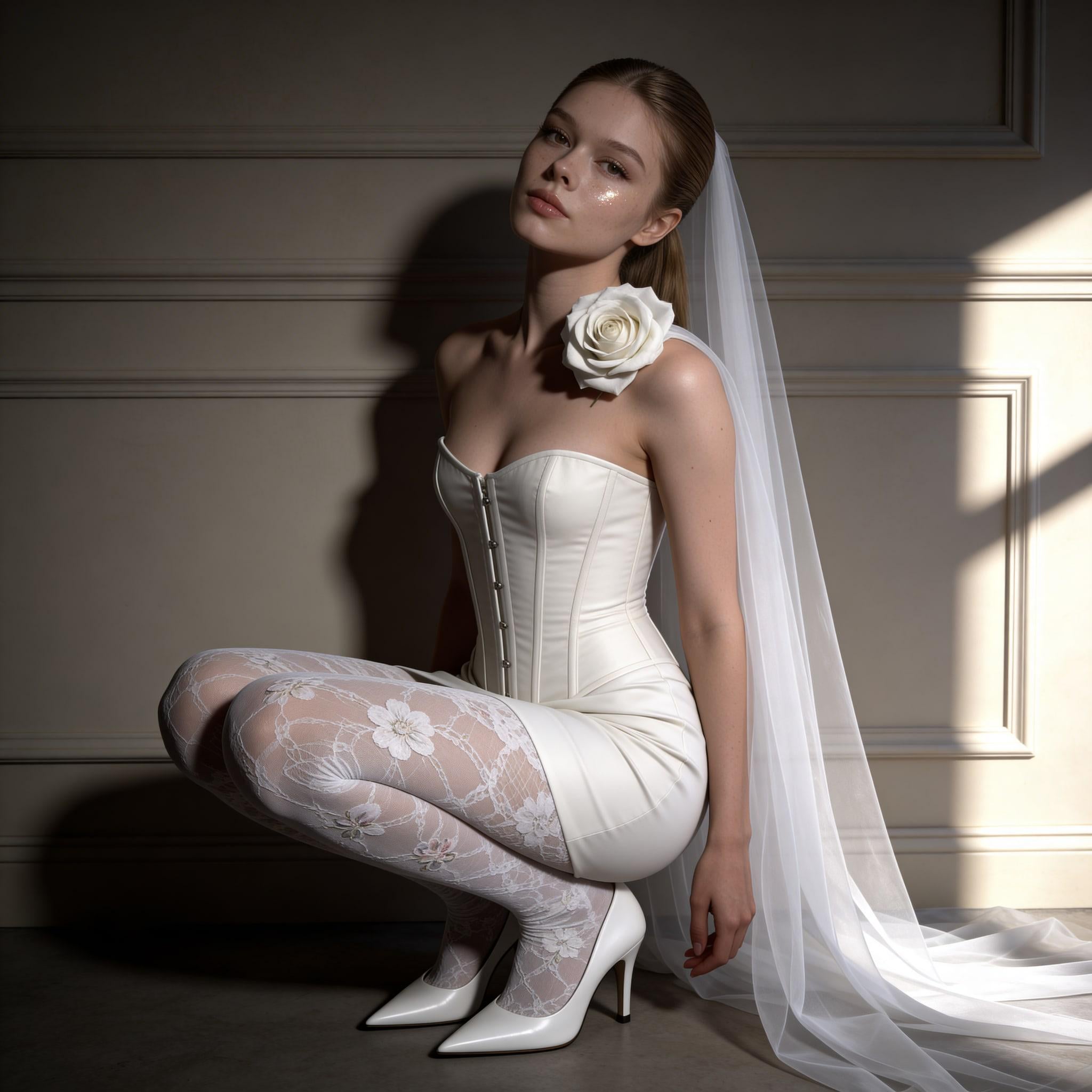 White Corset Mini Dress Crouching With Rose Veil