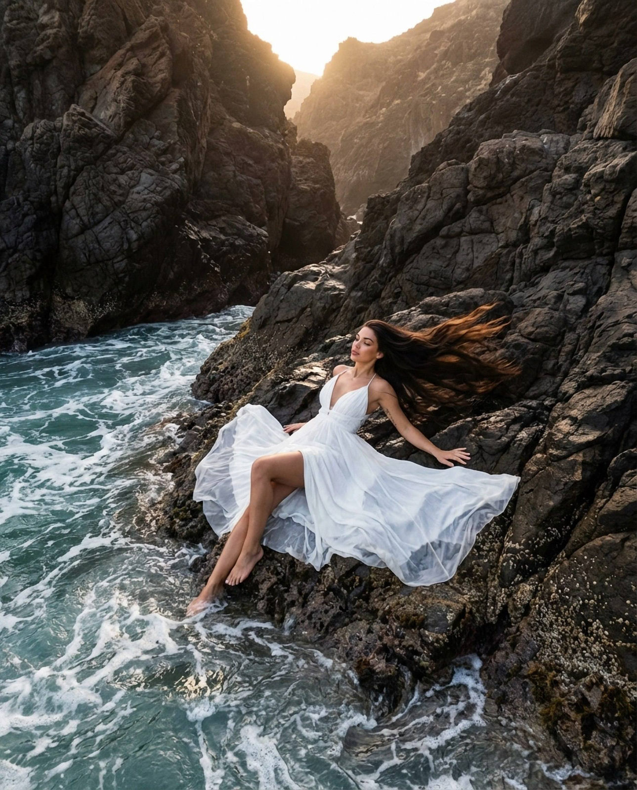 Realistic Girl Water Mountain Cliff Drone