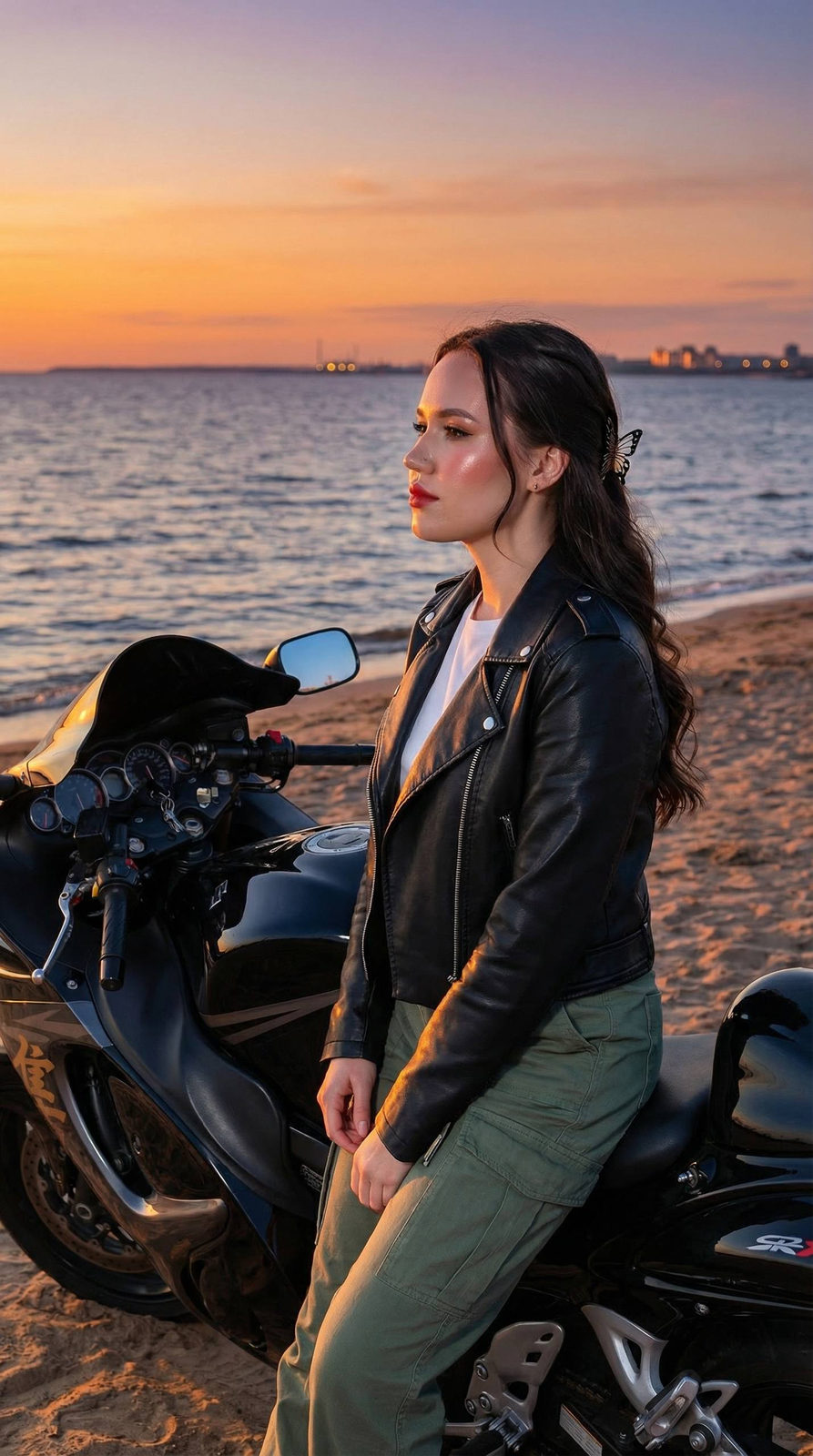 Woman Motorcycle Beach Sunset Realistic