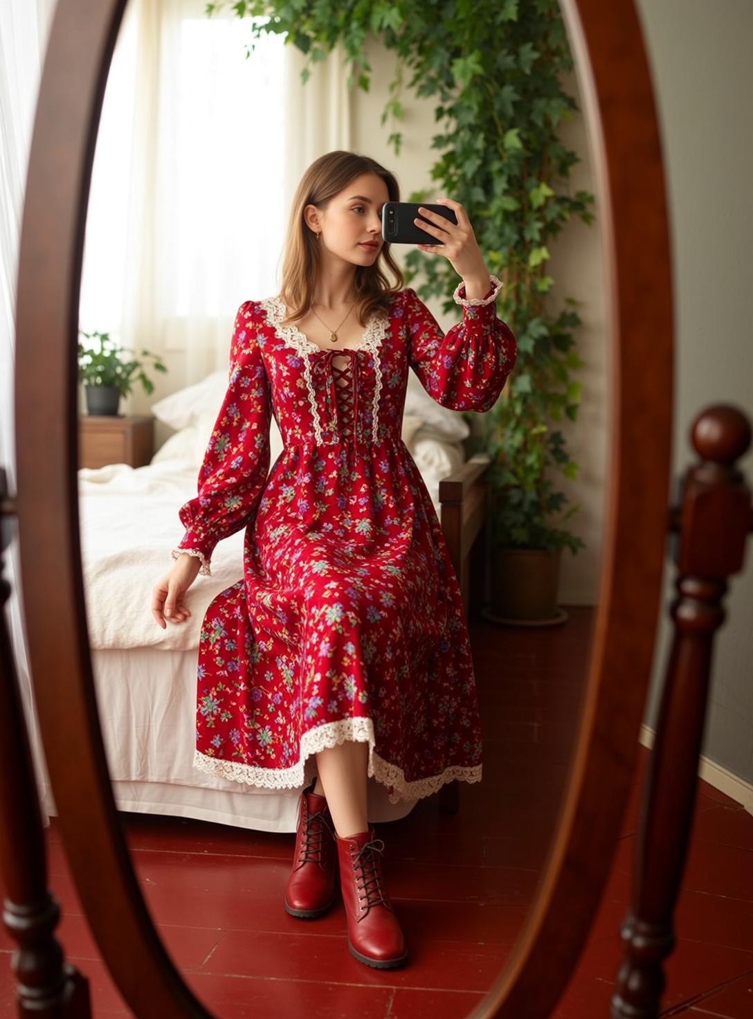 Red Floral Bed Selfie reference photo
