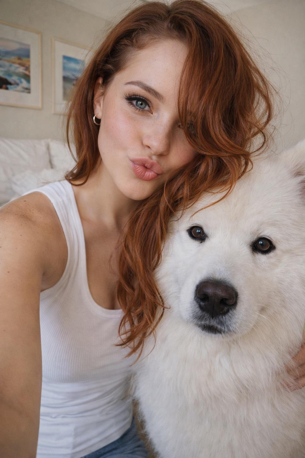 Intimate Selfie Red Hair Playful Pout Soft Beauty reference photo