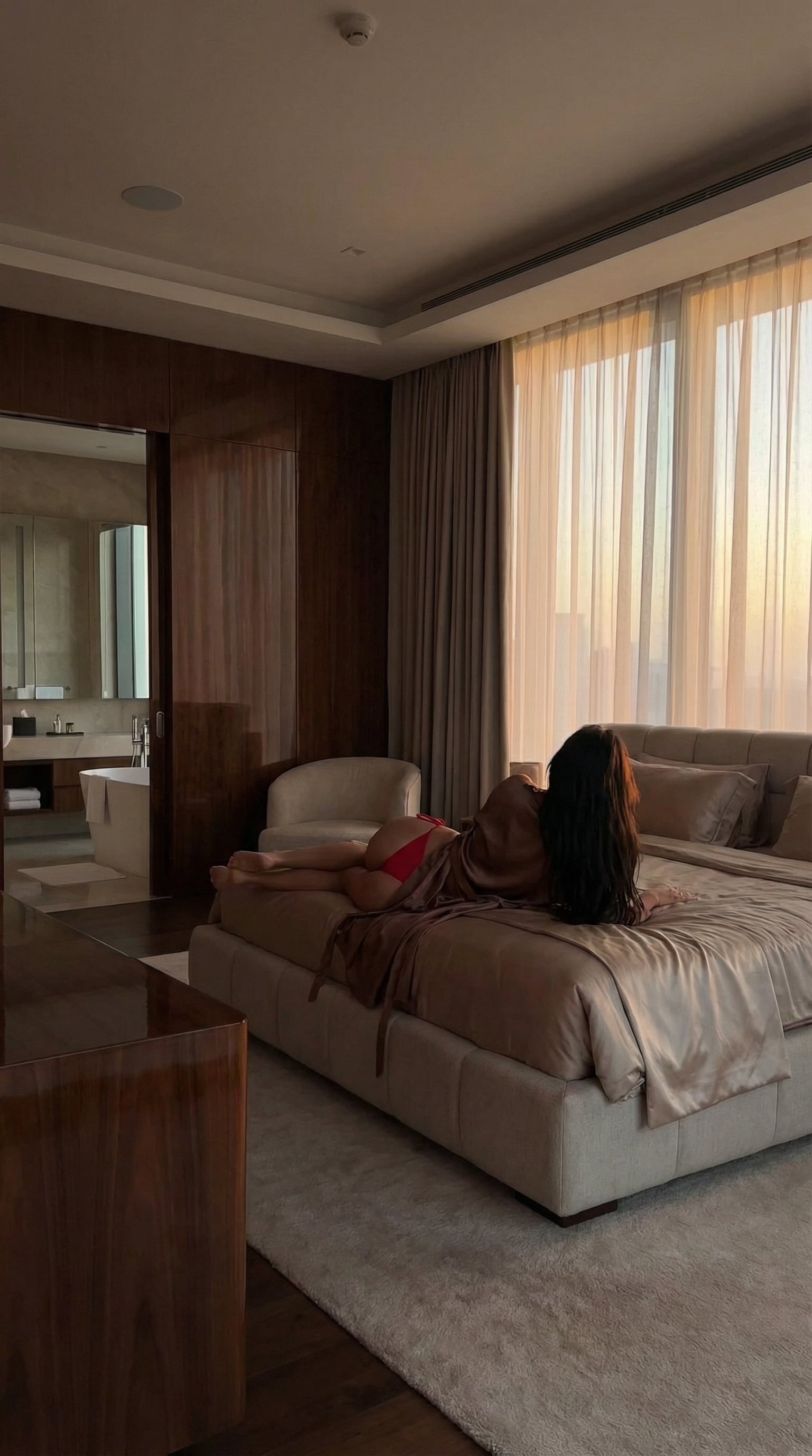 Luxury Hotel Red Bikini Silk Robe Bed Scene