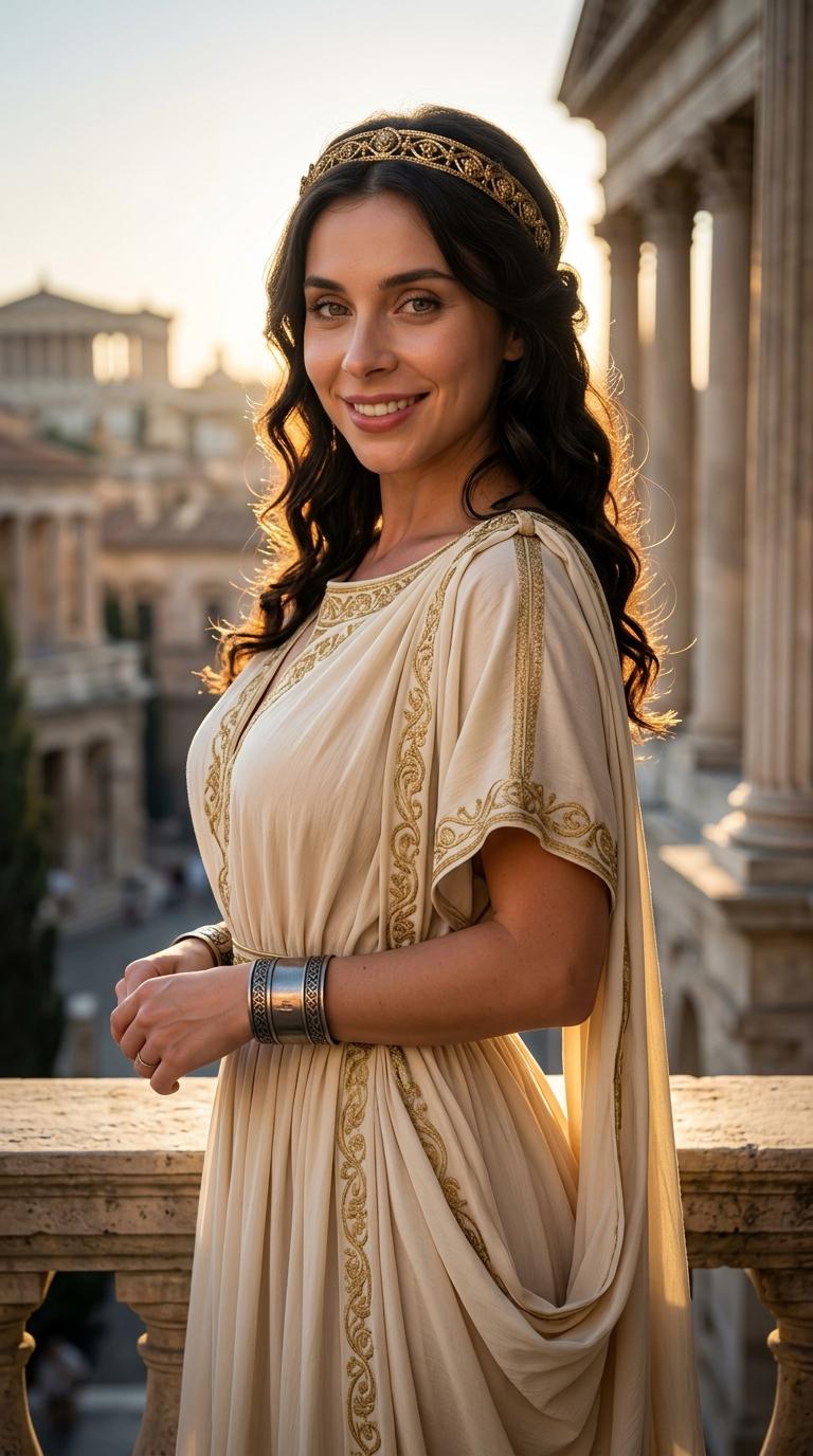 Stone Balcony Ancient Roman Cityscape Setting Sun