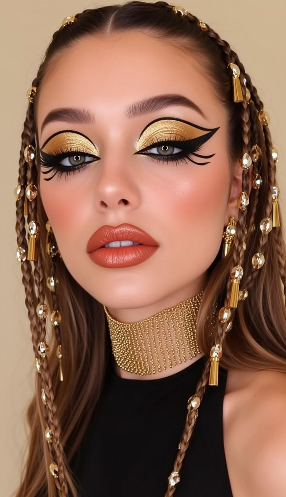 Halloween Makeup Long Braided Brown Hair Gold reference photo
