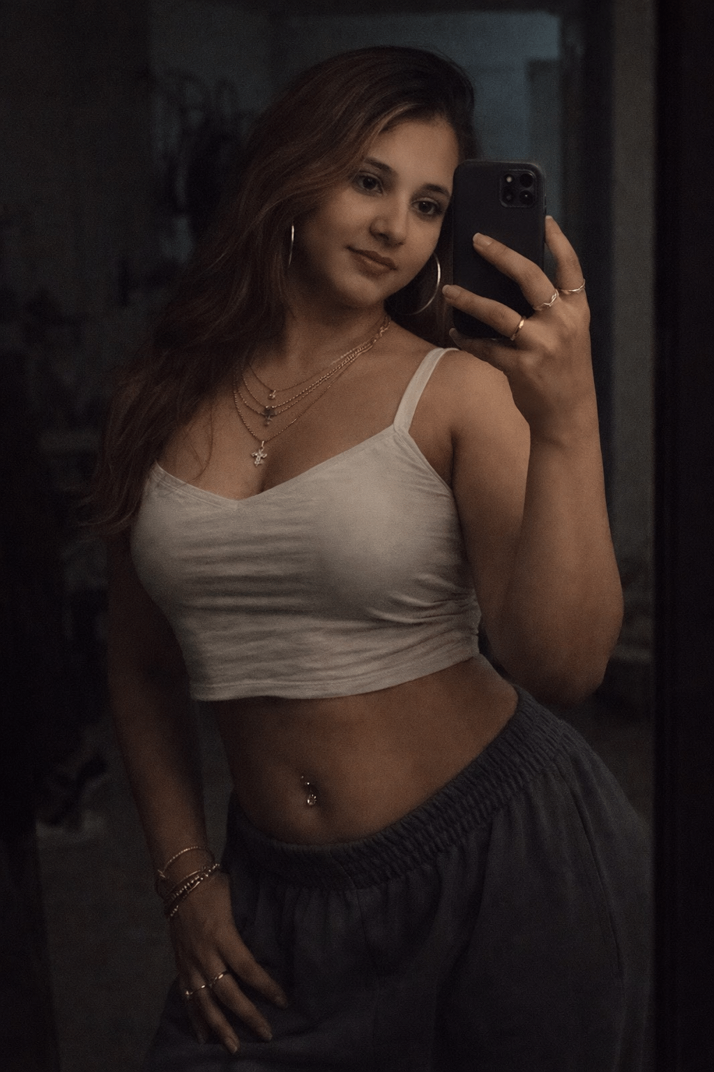 Dim Lit Mirror Selfie Arched Back Crop Top Sweatpants