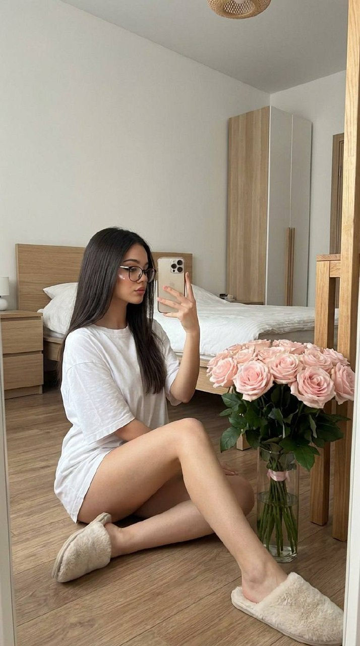 Girl Bedroom Mirror Selfie Pink Roses Soft Light