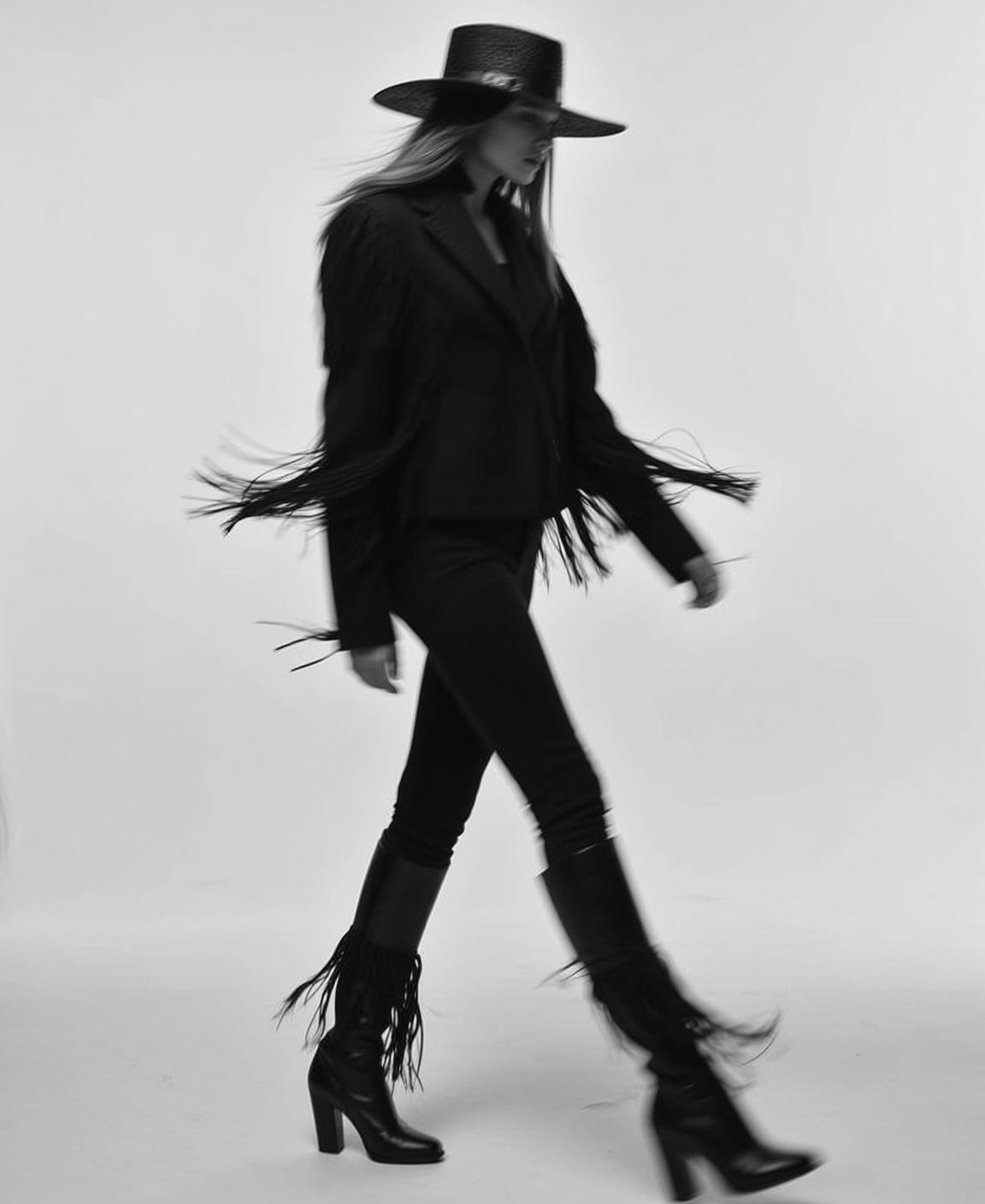 Full-body Black And White Medium Shot Photograph Shows Woman Walking reference photo