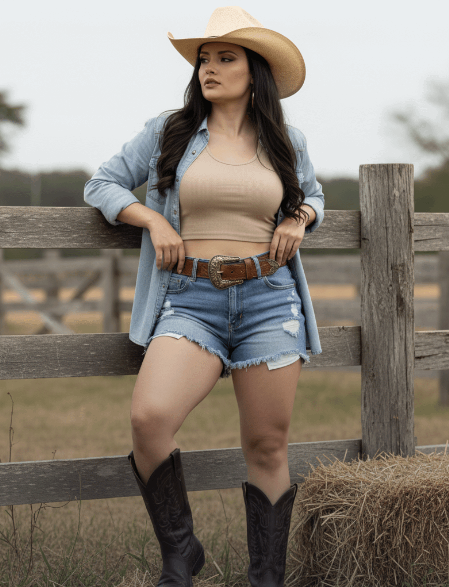Cowboy Hat Denim Shorts Leaning On Fence Soft Lighting reference photo