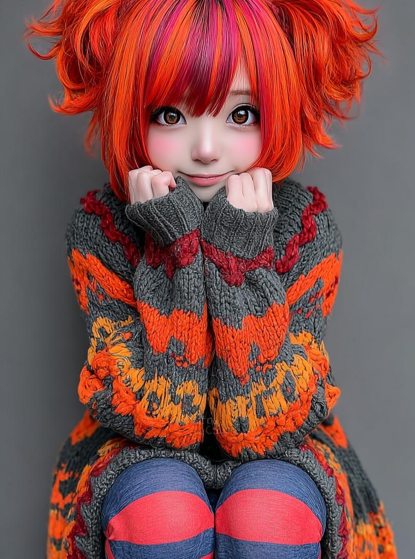 A close-up of a kawaii doll-like character with vibrant red-orange hair styled in soft pigtails, sitting in a cozy knitted sweater.