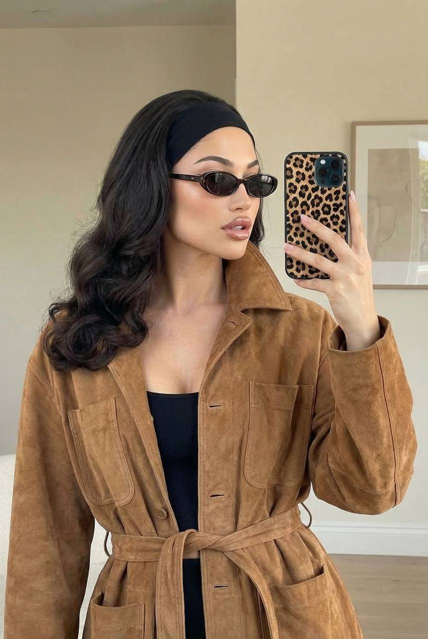 Realistic Woman Mirror Selfie Camel Jacket