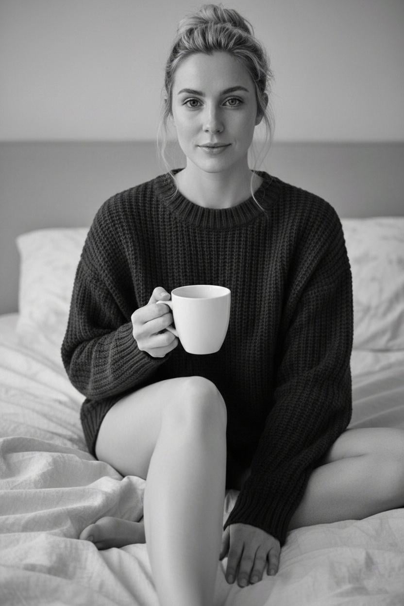 A woman in a dark oversized knit sweater holding a white mug while sitting comfortably on a bed, exuding a cozy and relaxed atmosphere.