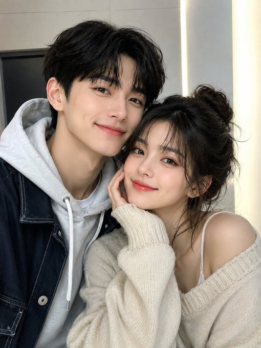 Close-up portrait of two individuals gently embracing, warm smiles, soft lighting.