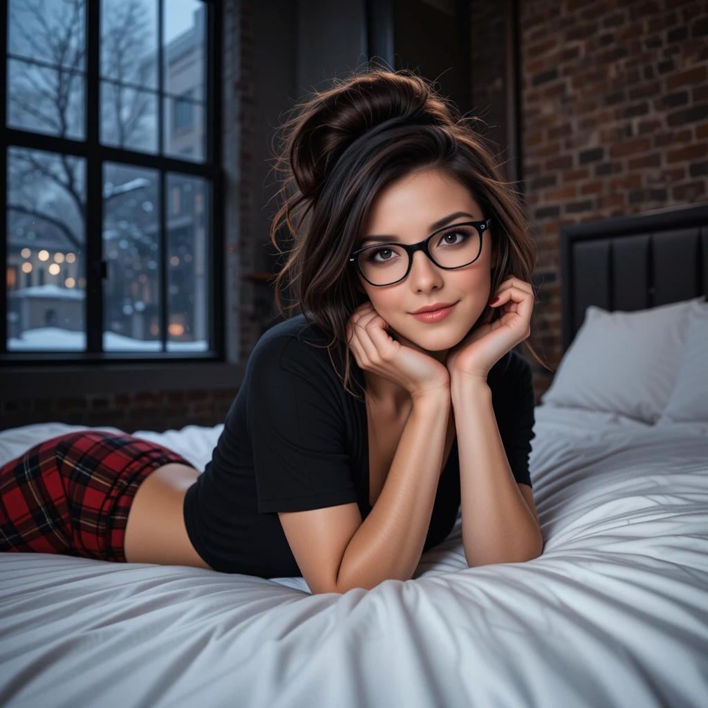 Plaid Pajamas On Snowy City Dusk Bed