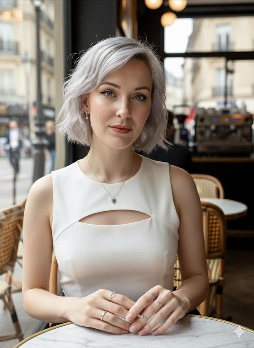 A woman with short, wavy light gray hair sits at a marble-topped table in a cafe, wearing a sleeveless white dress.