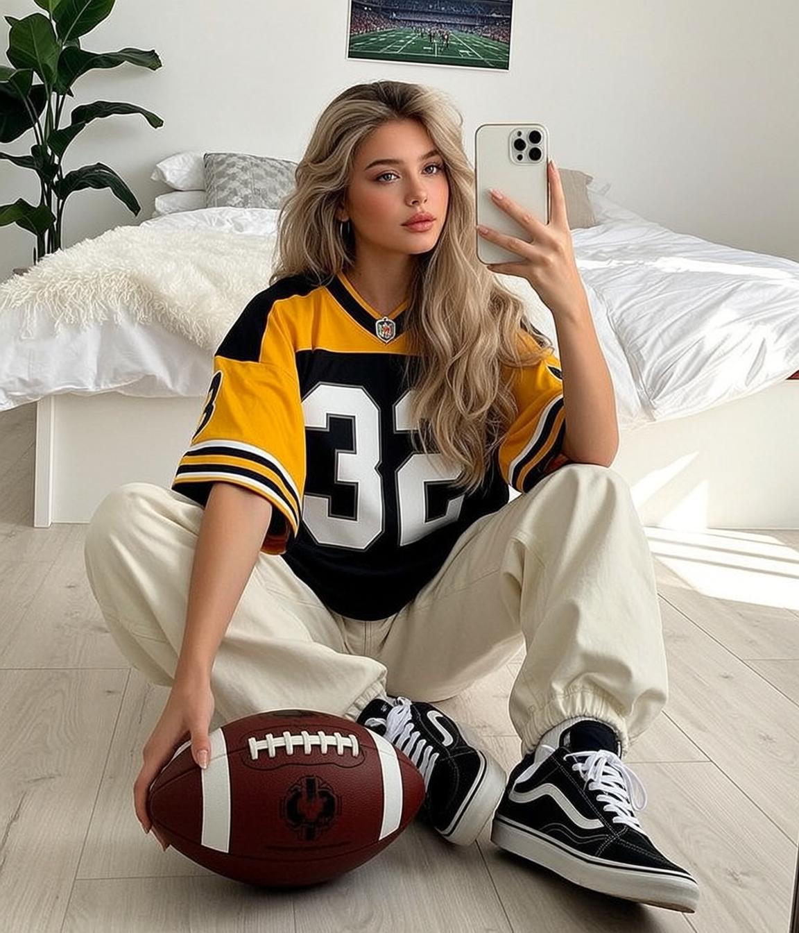 Blonde Woman Football Jersey Selfie Bedroom reference photo