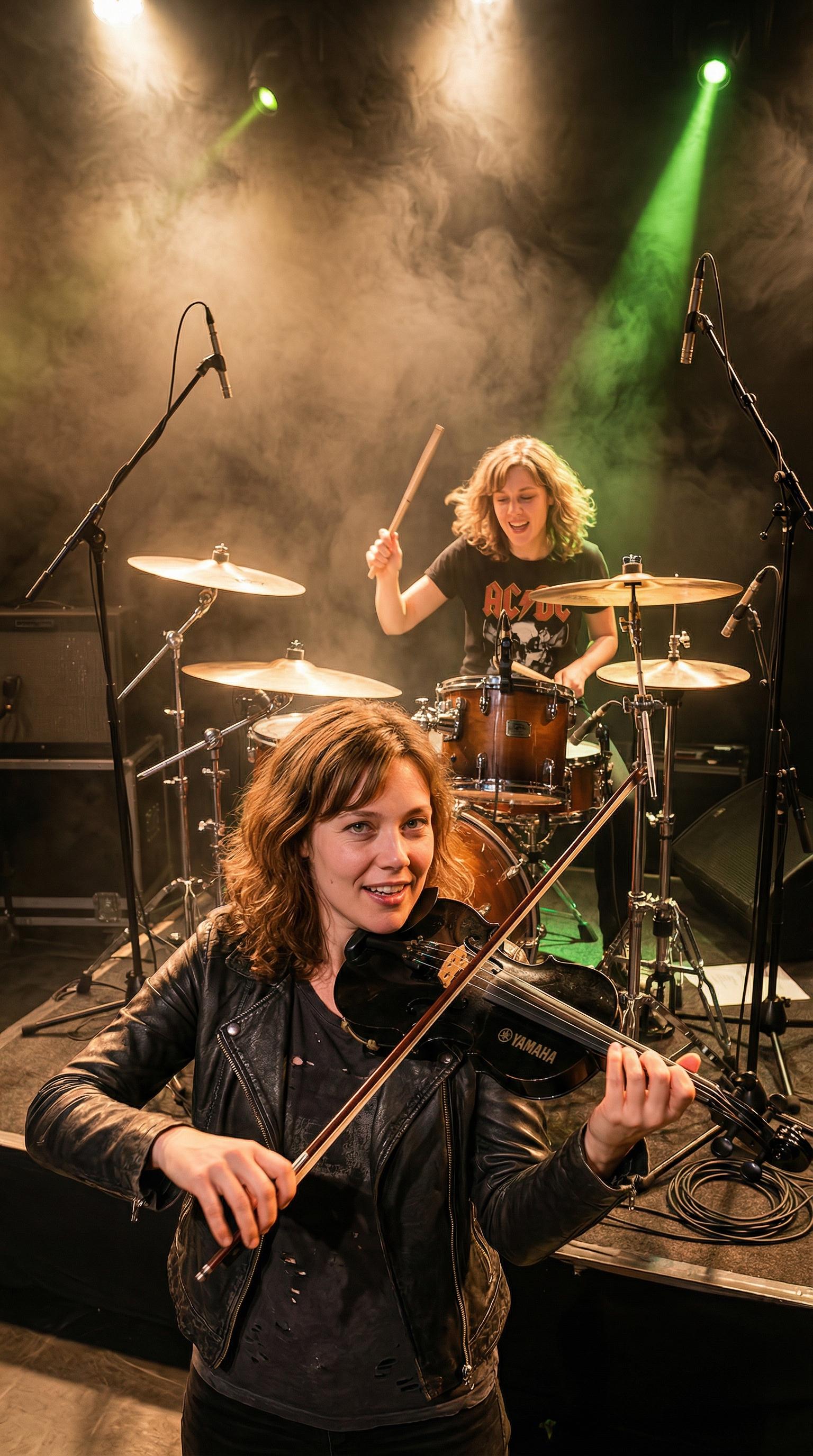 Rock Concert Violinist And Drummer Live Performance