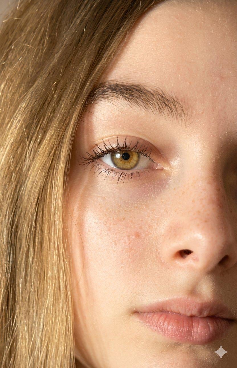 A close-up of a woman's eye showcasing flawless skin texture, vibrant iris details, and soft natural lighting.
