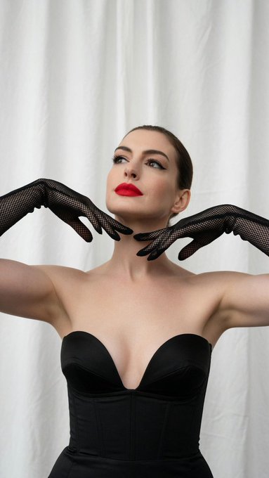 Portrait of a model in a black corset, fishnet gloves, and bold red lipstick against a textured white backdrop.