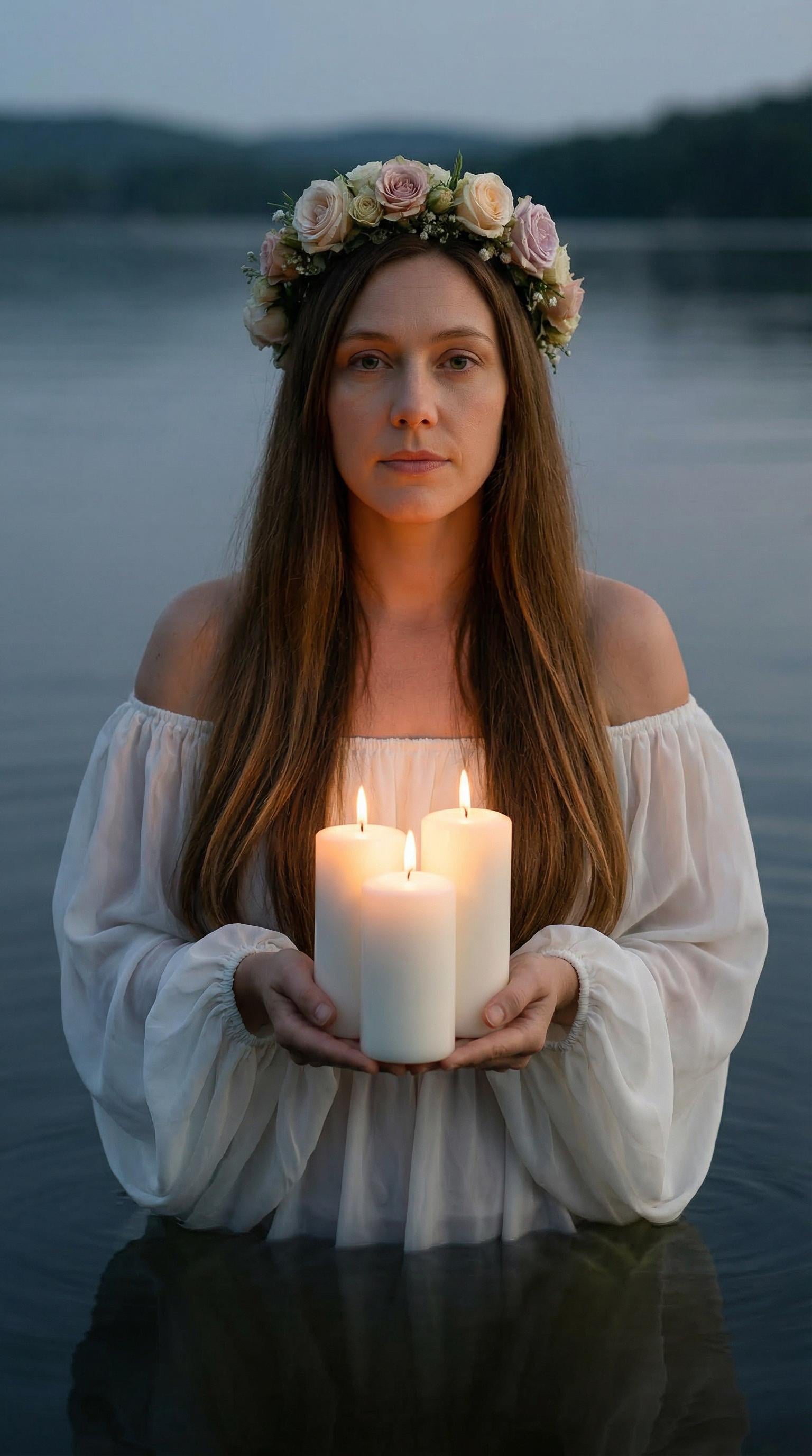 Emerging From Water Holding Candles