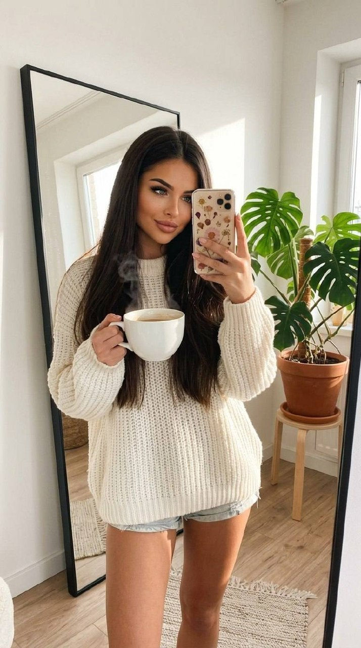 Girl Selfie Mirror Cozy Sweater Coffee Mug Monstera Plant