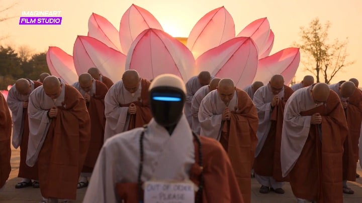 A serene setting featuring monks and a robotic monk, showcasing harmonious details in a cinematic environment.